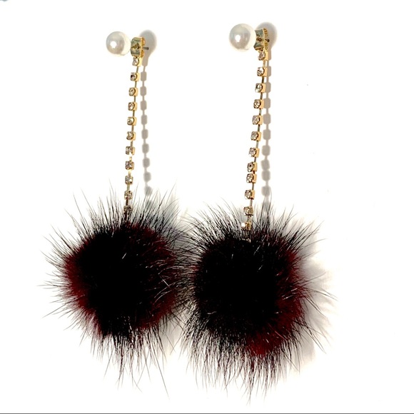 Pave Pearl Fur Ball Pom Drop Gold Earrings - Picture 2 of 7